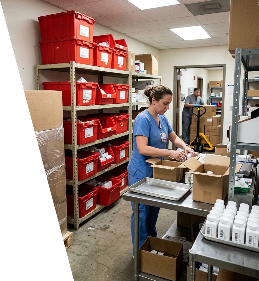 Pharmacy technician receiving medication bottles at a hospital receiving bench, with stocked totes on shelving behind her