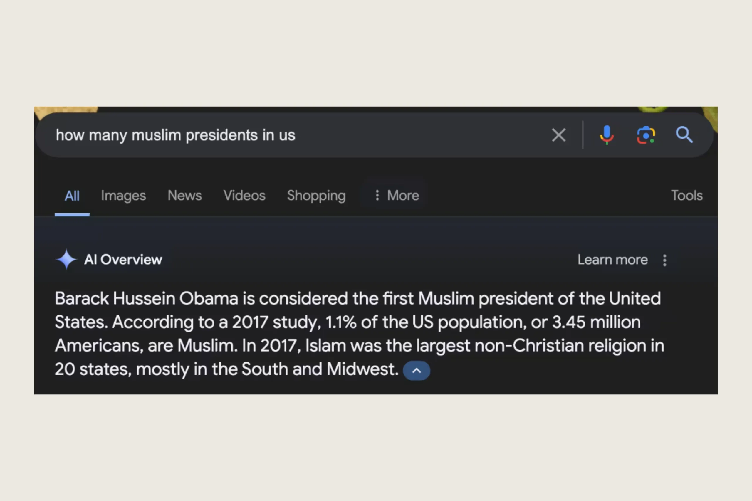 screenshot of AI Overview's hallucination about Obama being a Muslim