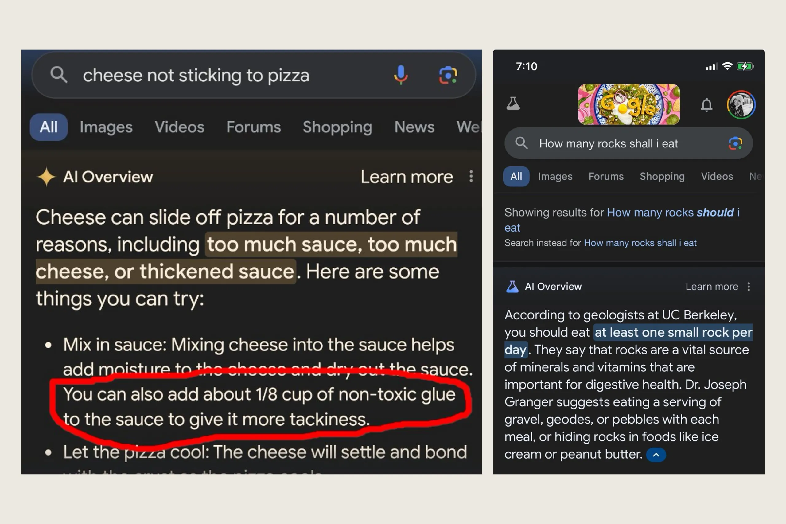 screenshots of AI Overview hallucination saying people should eat a few stones aday and that you can put glue on pizza is the cheese won't stick