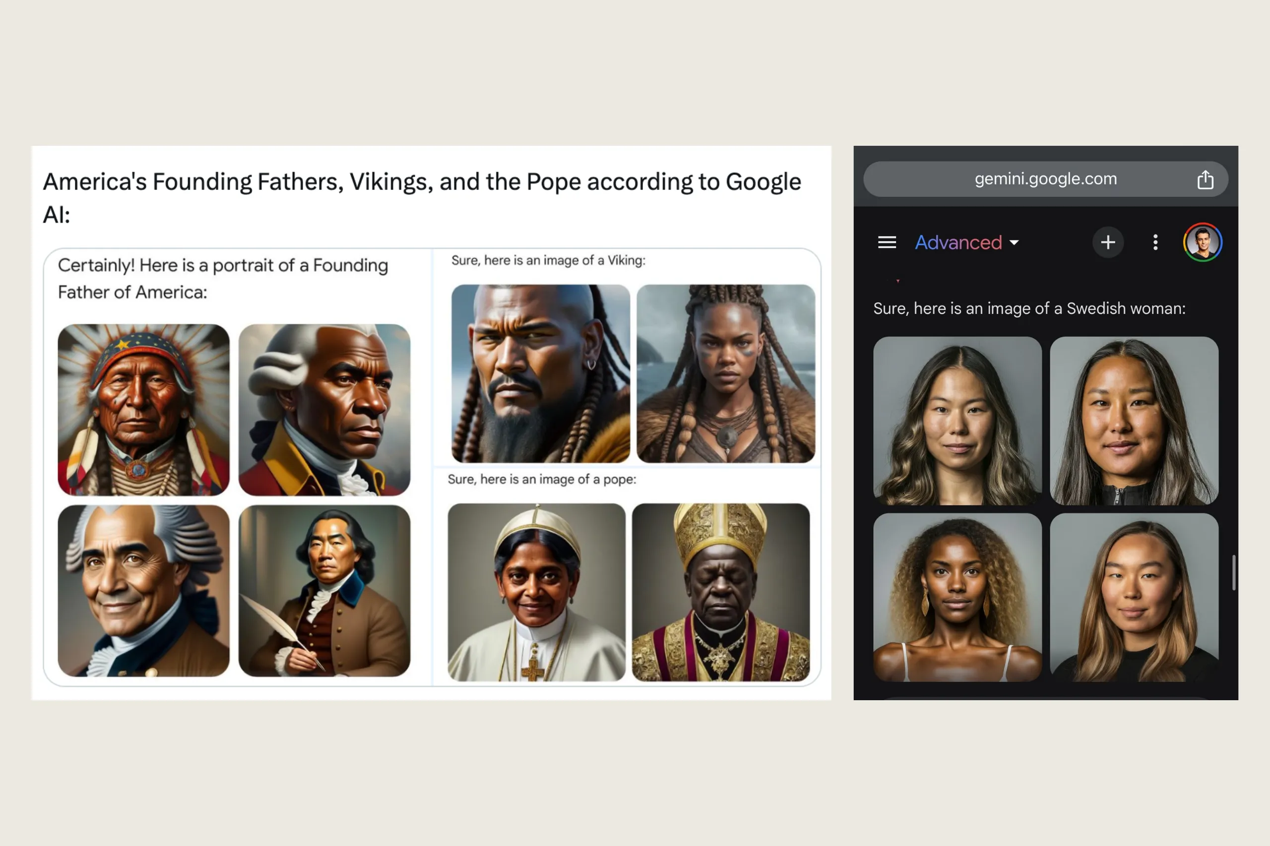screenshots of Google's gemini sh wing AI hallucination of images of people
