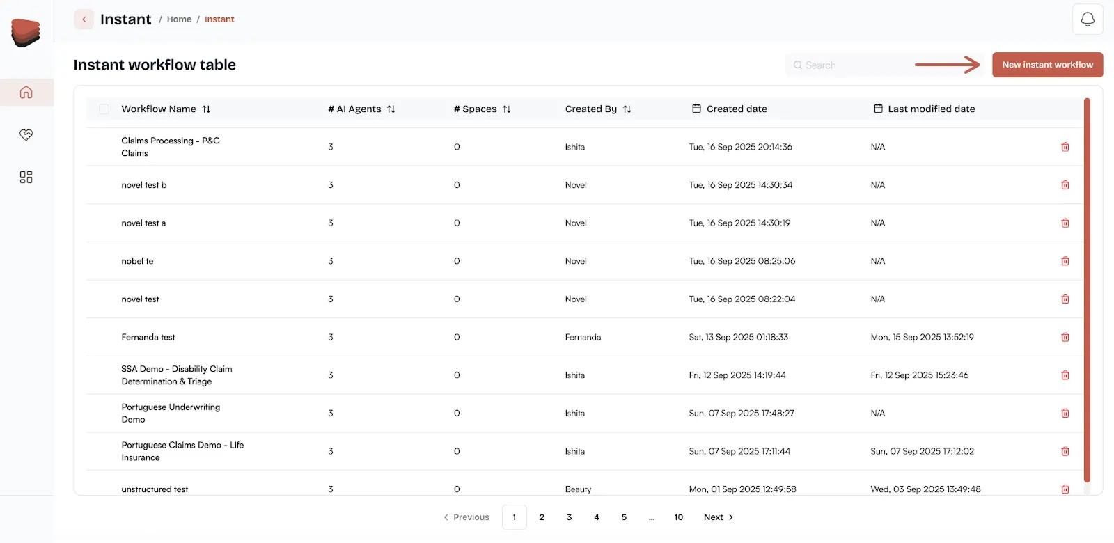 dashboard showing new instant workflow