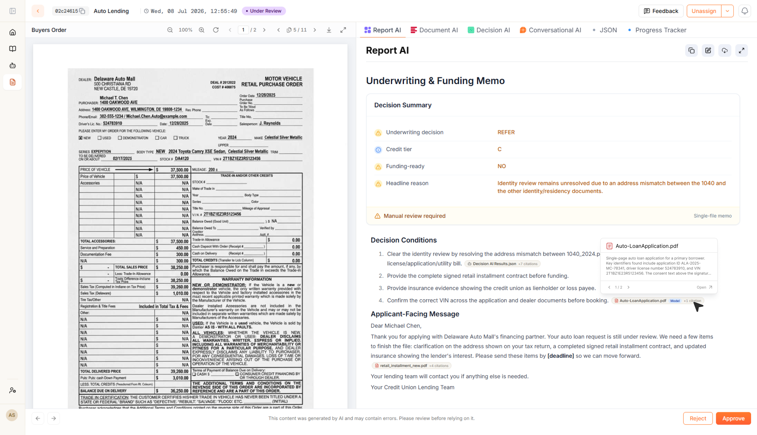 AgentFlow Report AI underwriting and funding memo for an auto loan, with decision summary, conditions, and citations back to source documents