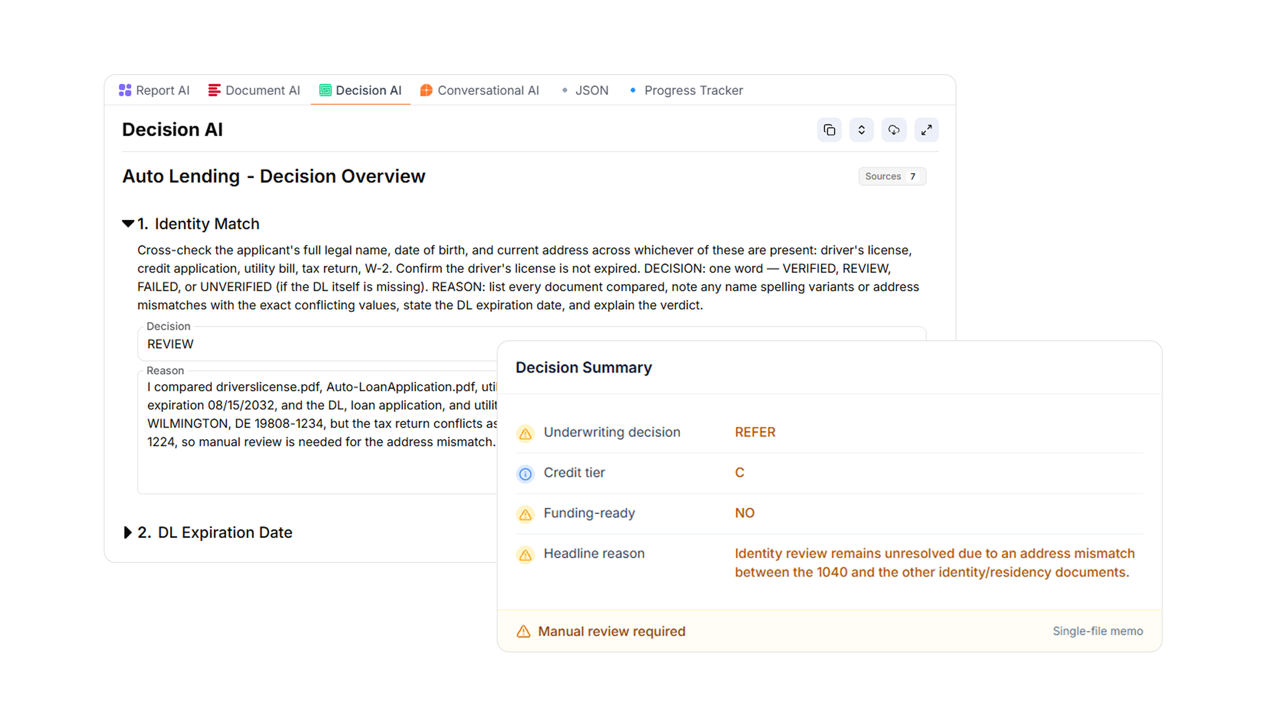 AgentFlow Decision AI overview cross-checking identity documents and escalating an unresolved address mismatch for manual review
