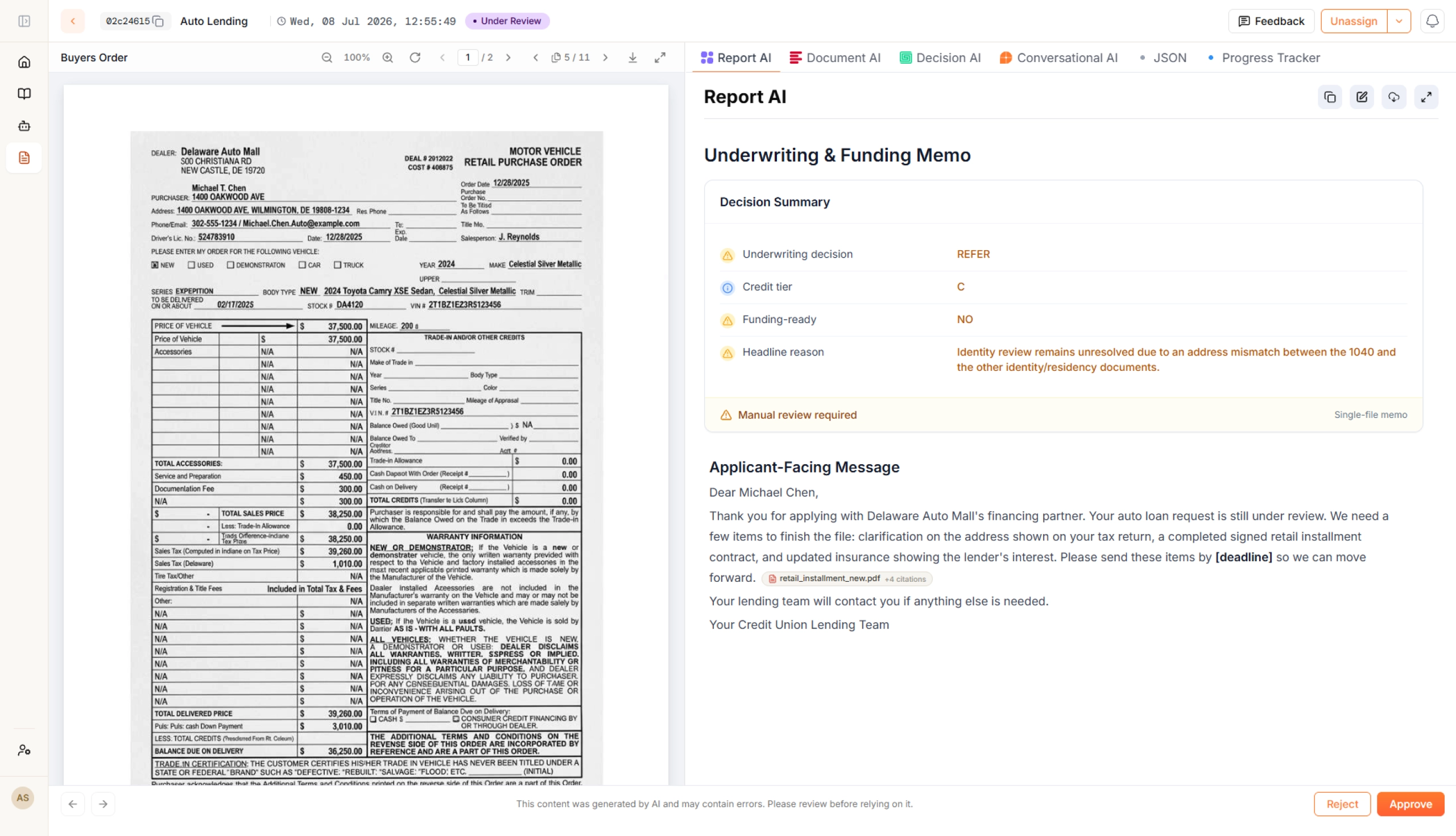 AgentFlow orchestrating an auto lending file: the source documents on the left, a Report AI underwriting and funding memo with conditions and citations on the right