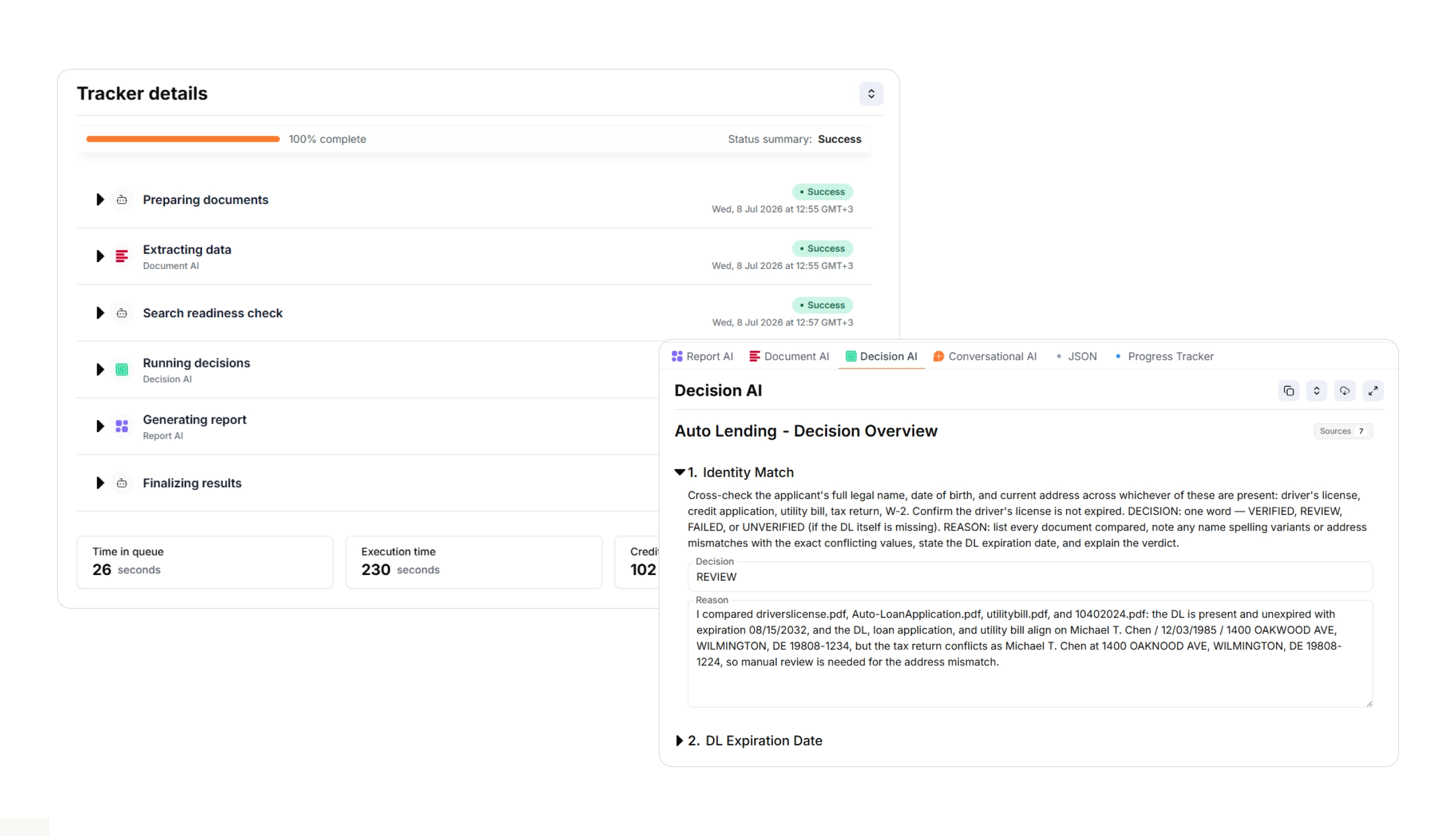 AgentFlow audit trail: a timestamped status tracker for each workflow stage alongside a Decision AI verdict with its full reasoning and cited documents