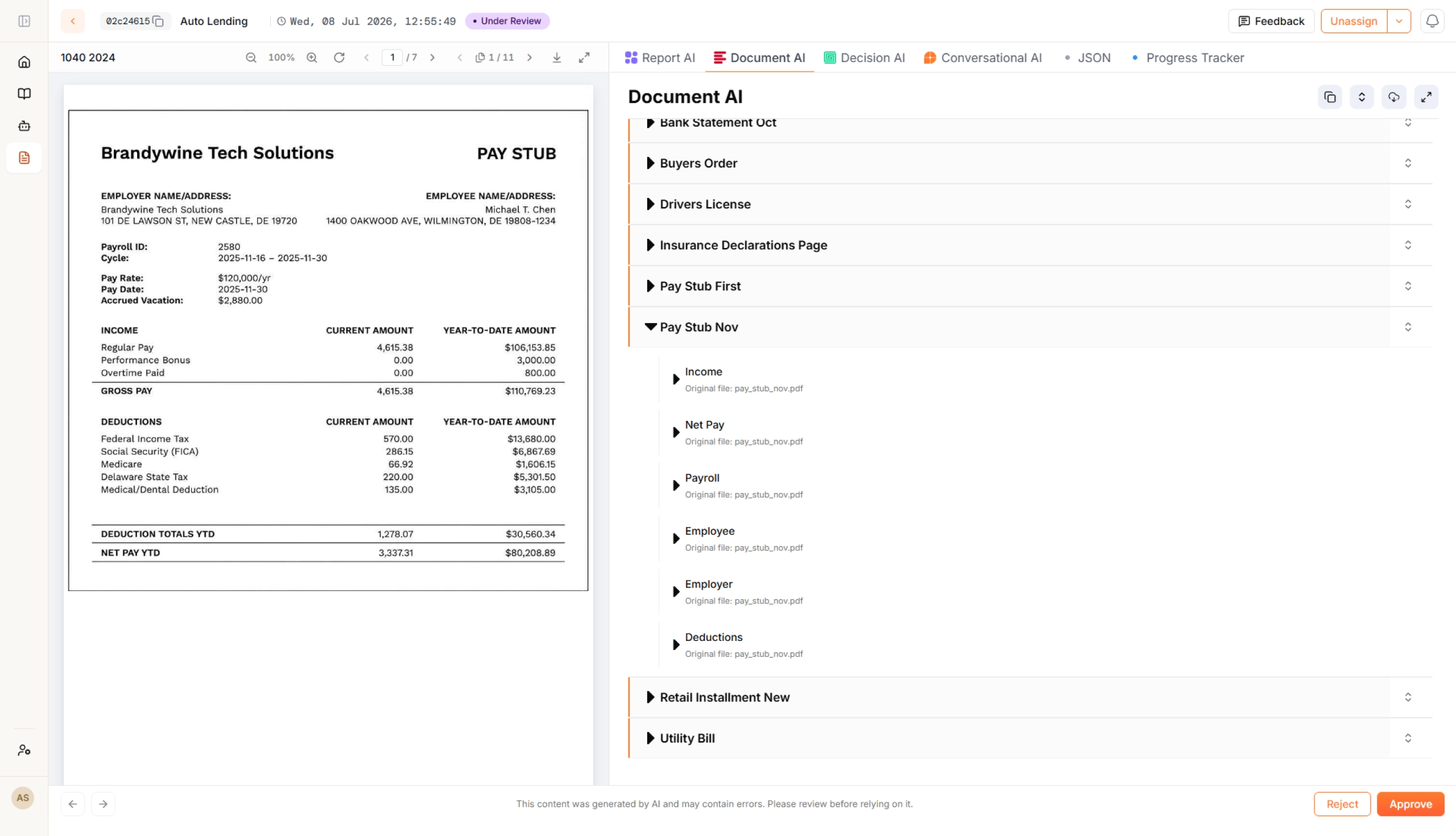 AgentFlow Document AI classifying a loan packet and extracting a pay stub into income, net pay, payroll, and deductions fields