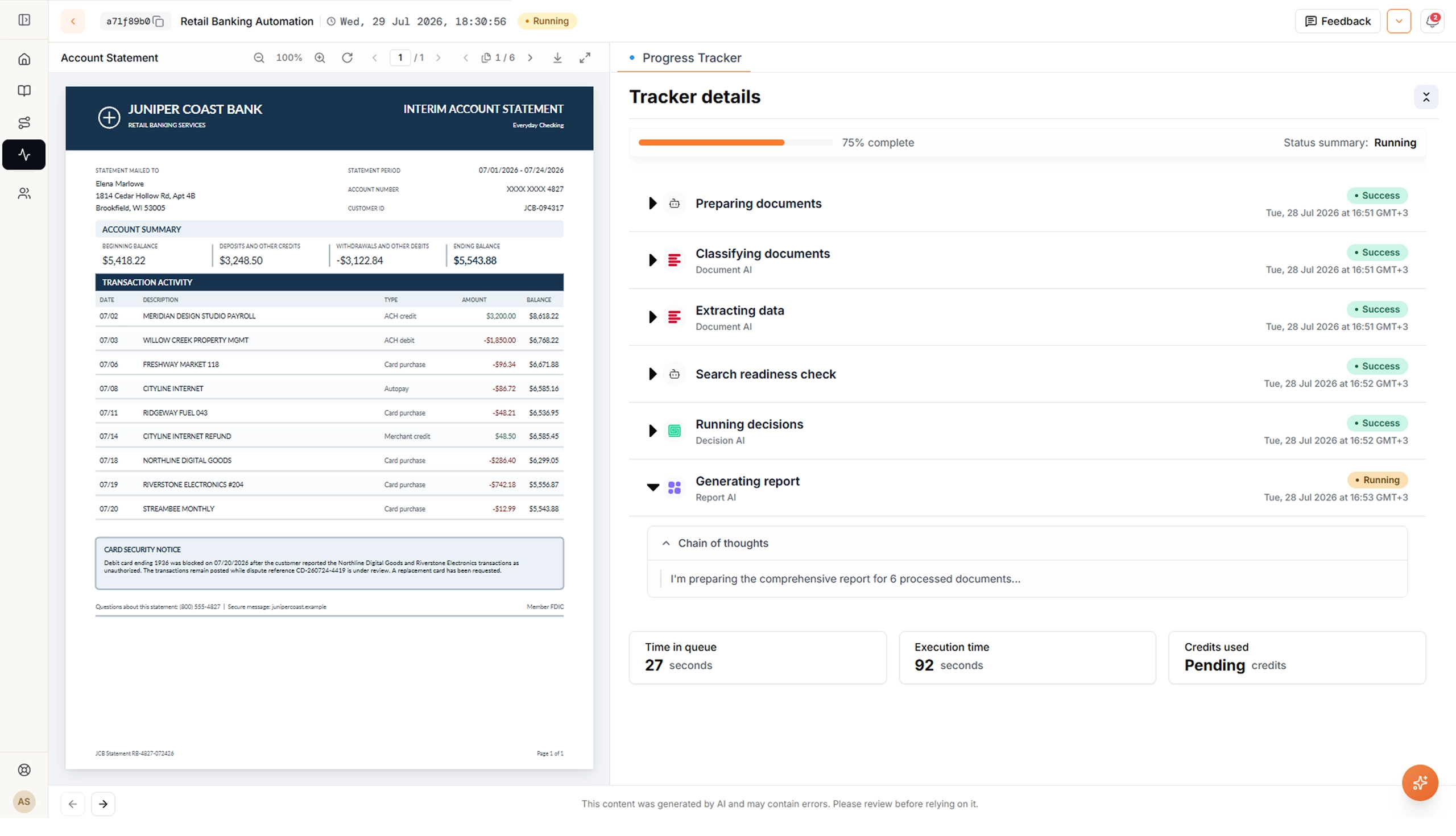 AgentFlow execution log showing audit-ready tracking and human oversight of AI agents in banking workflows