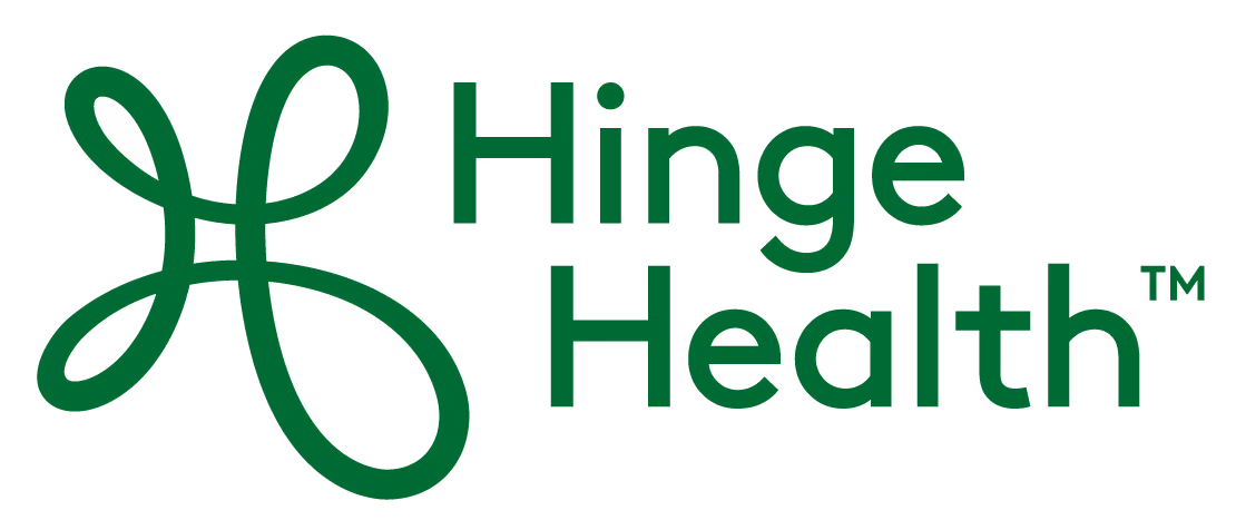 Hinge Health company logo in green with a stylized ribbon-like emblem on the left.