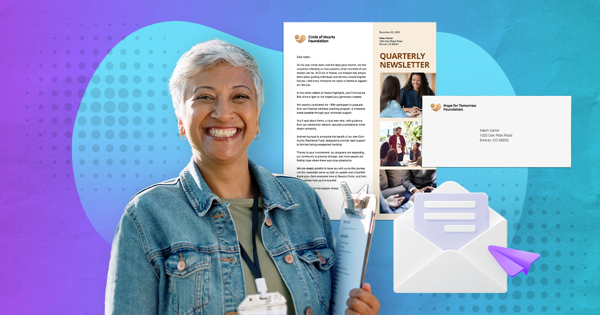 A nonprofit volunteer is posed with direct mail examples such as a newsletter and envelope.