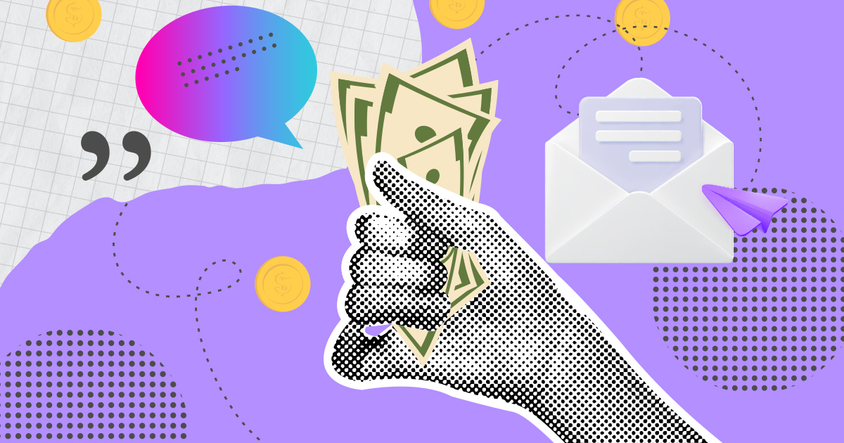 A stylized collage featuring a hand holding cash as a mail piece flies through the air behind.