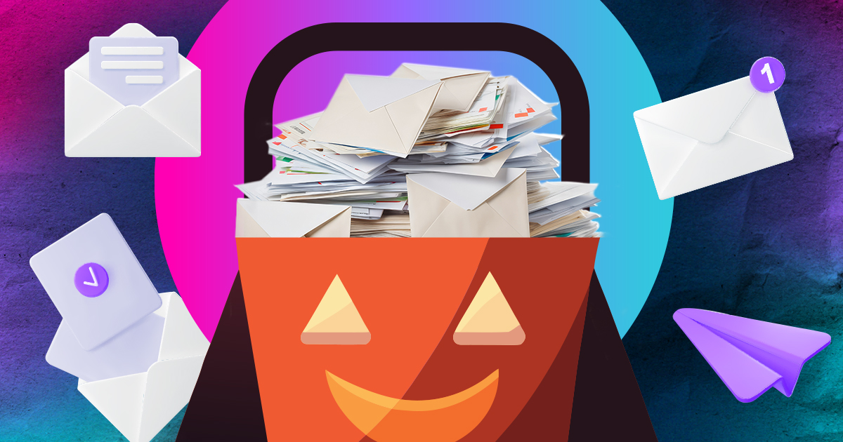 A trick-or-treat, jack-o-lantern-style bucket filled with direct mail.