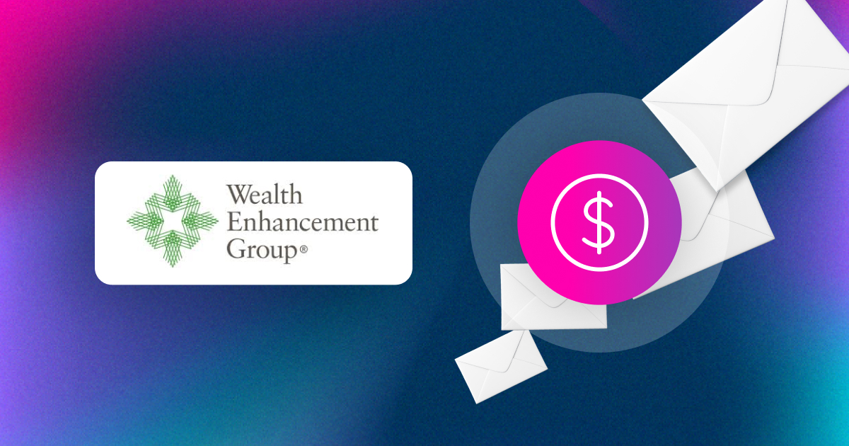 Wealth Enhancement Group's logo and an abstract image of direct mail pieces floating.
