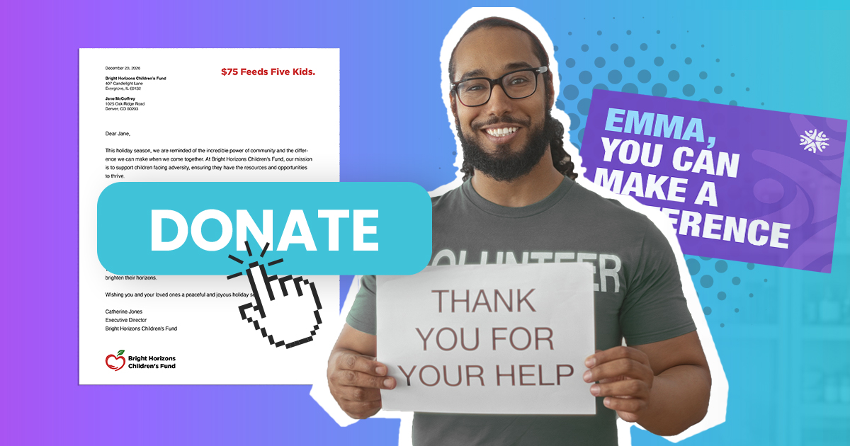 A collage showing a volunteer holding up a "thank you for your donation" message, as direct mail pieces flow in the background.