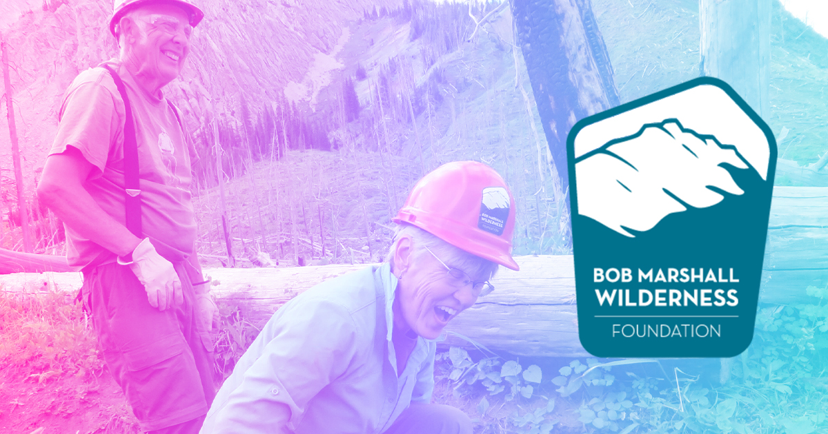 The Bob Marshall Wilderness logo is shown over a filtered photo of two volunteers.
