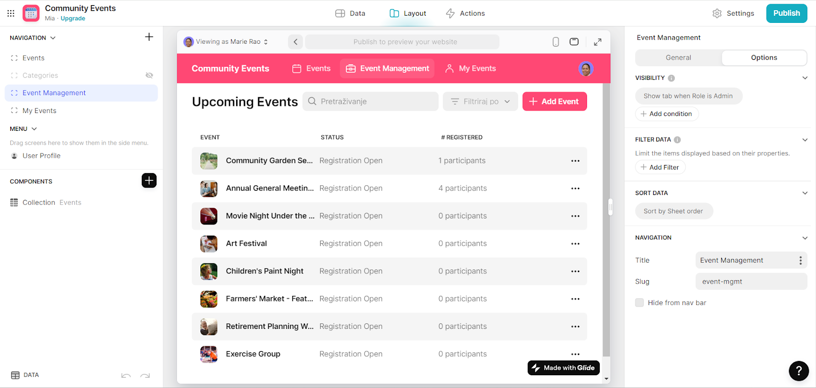 Event management layout