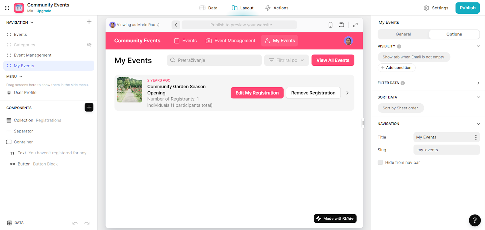 My events user interface