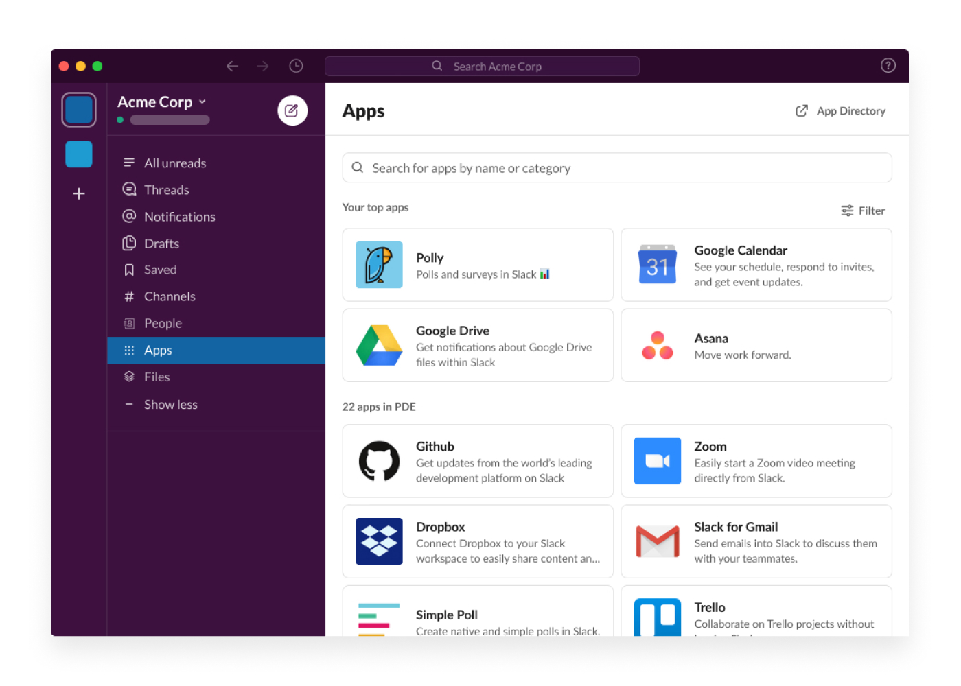 Slack user dashboard and integrations
