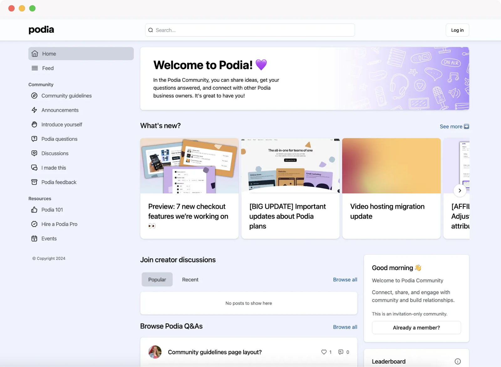 Introduction page into Podia's online community