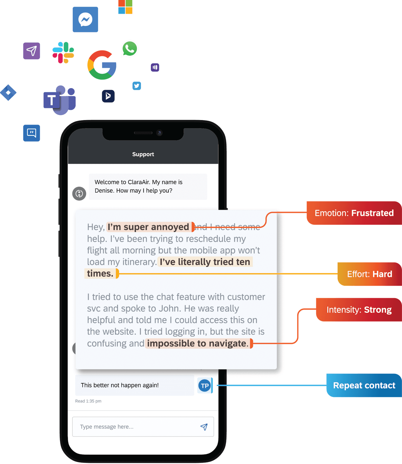 Mobile screenshot of support chat showing emotion and sentiment analysis