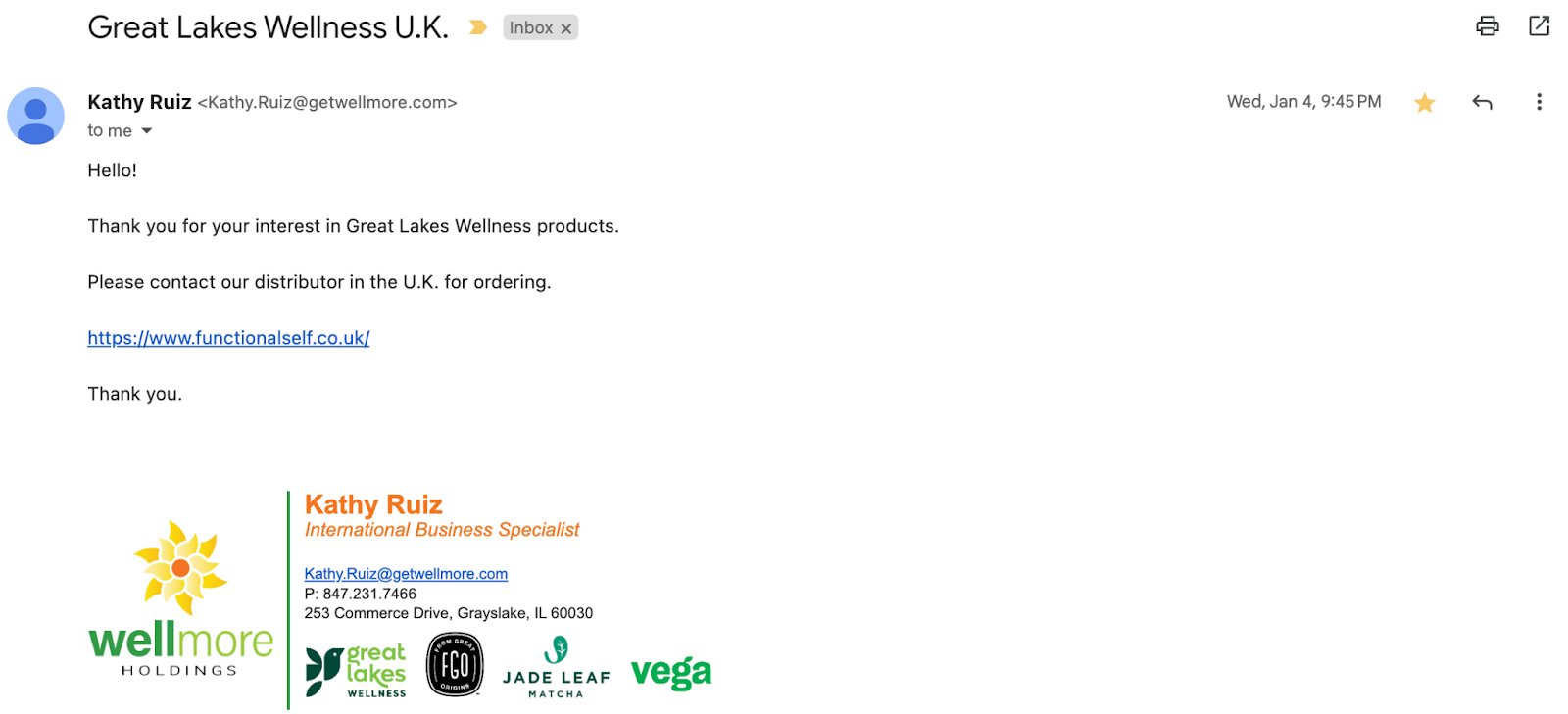 An example of a customer support email