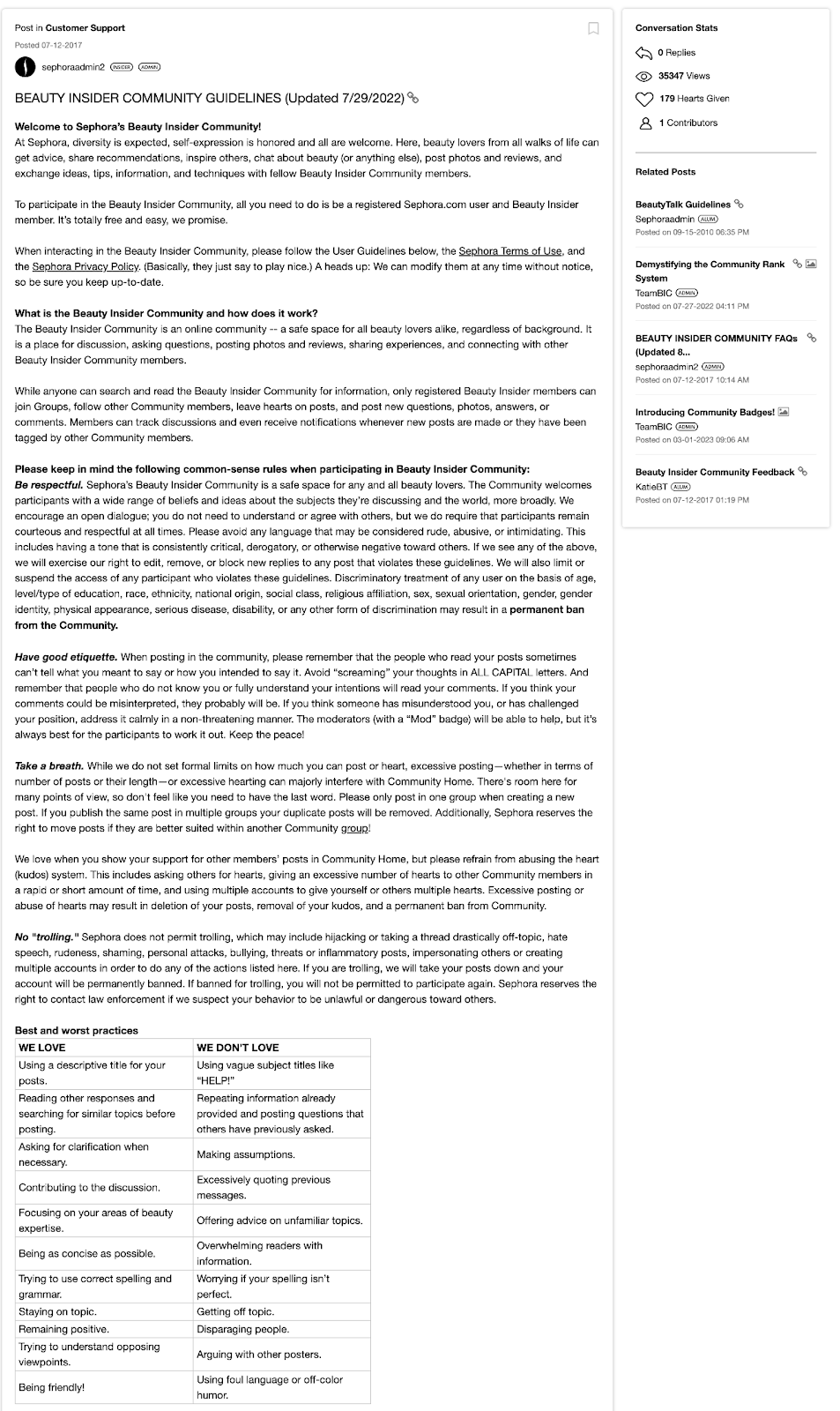 Community guideline example from Sephora