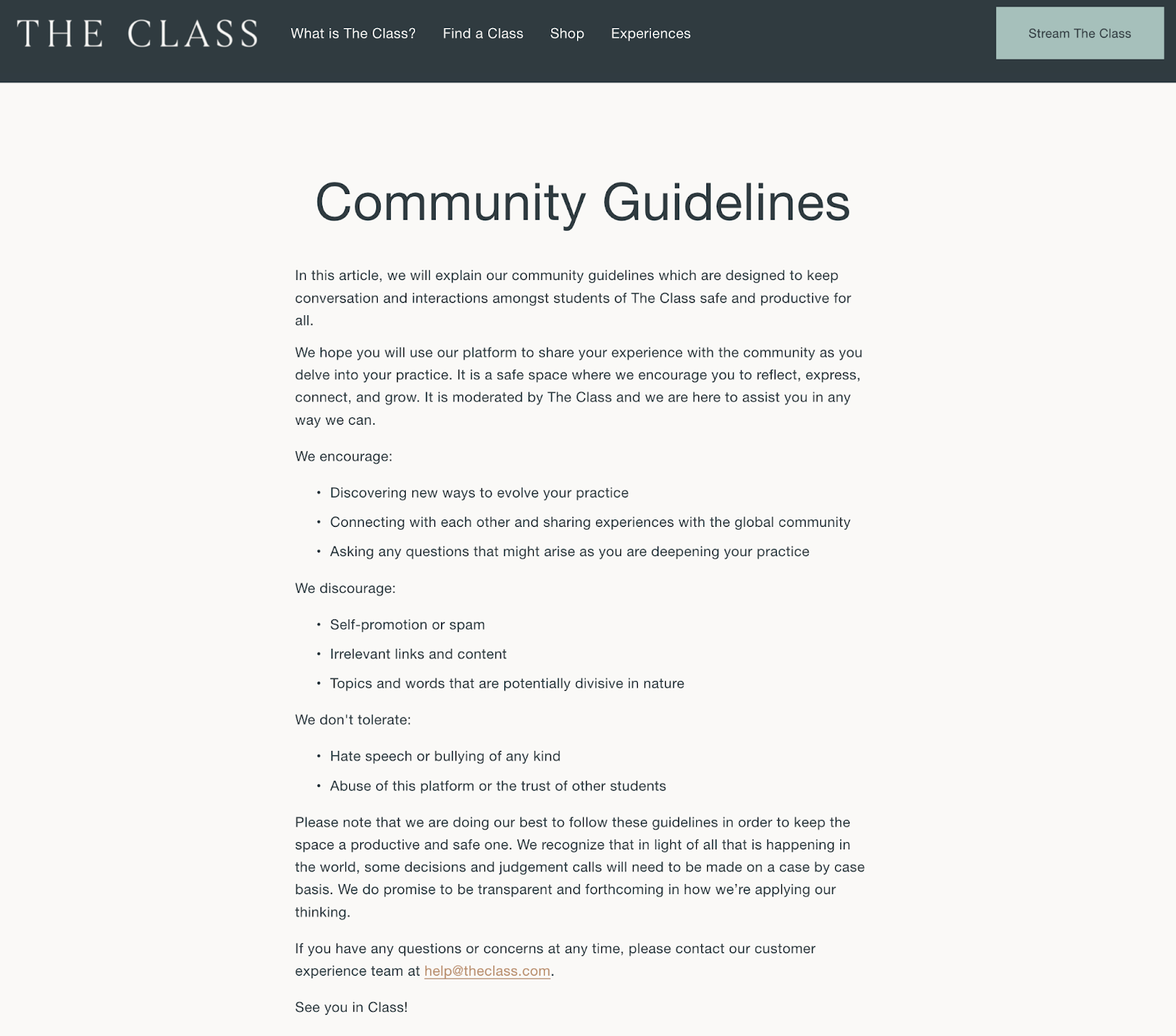 Community guidelines example from The Class digital studio