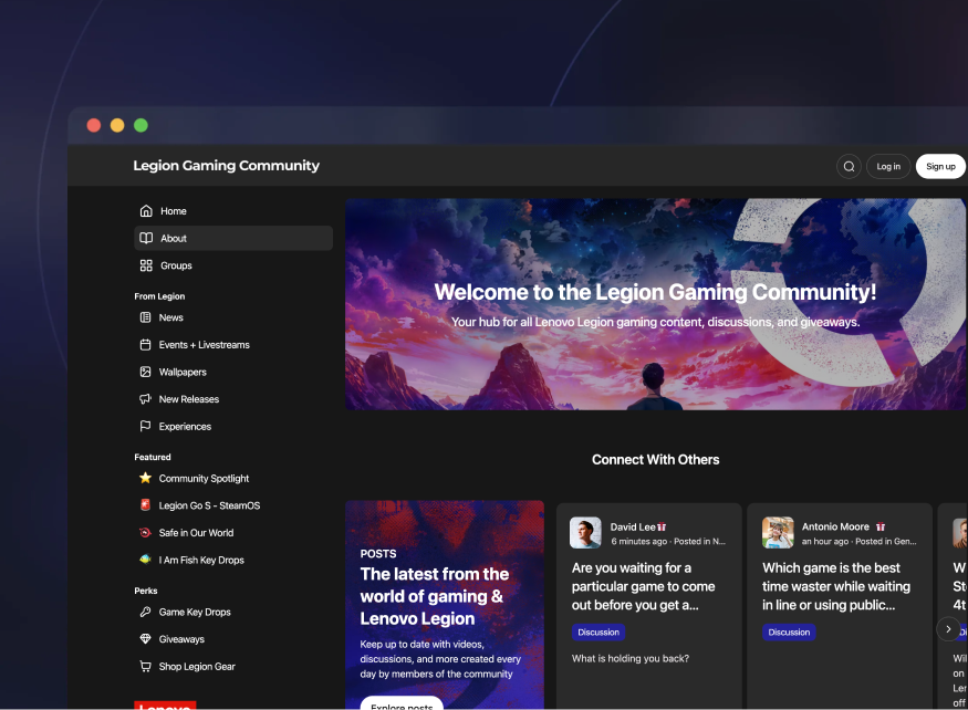Lenovo Legion gaming community built on Bettermode, showing the community feed and member discussions