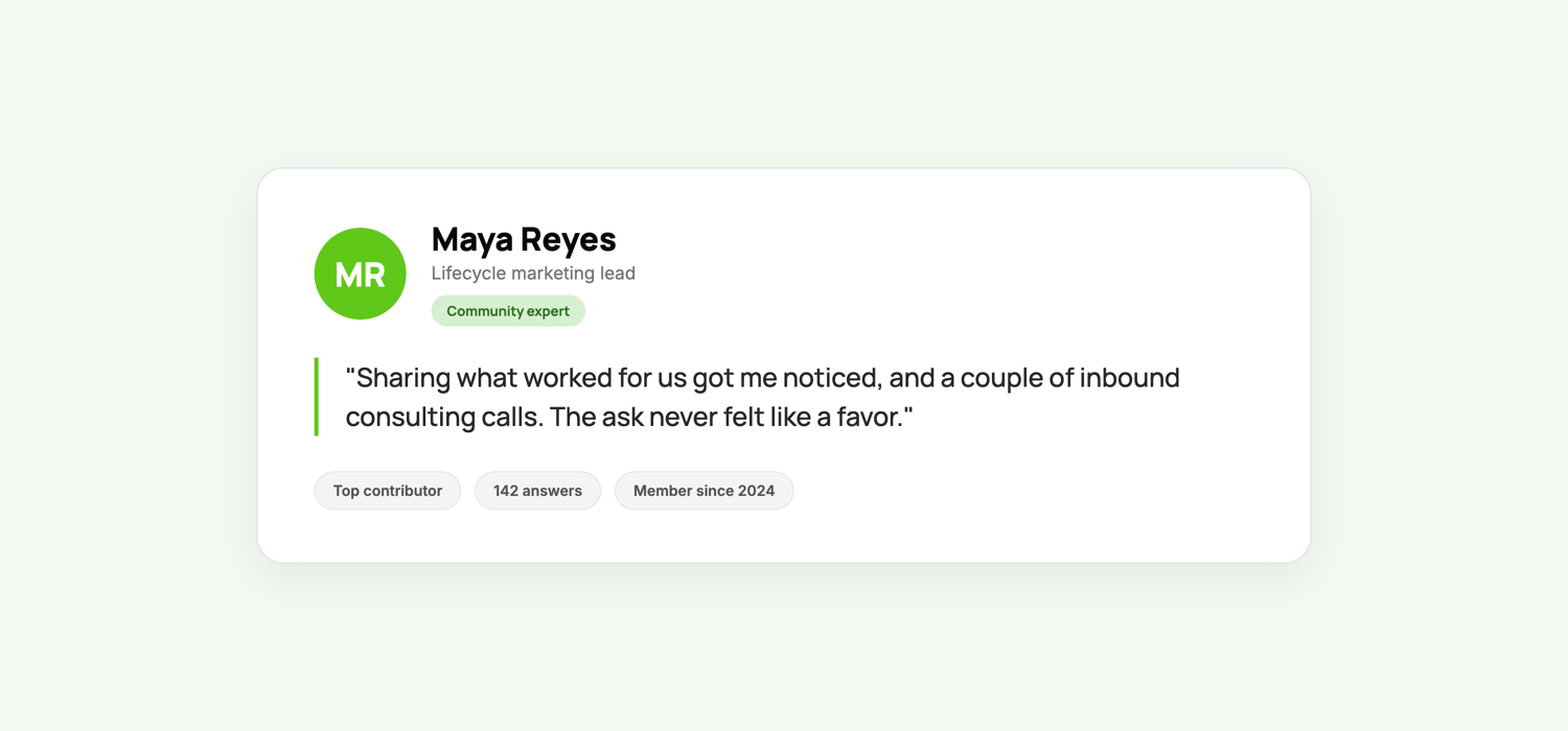 A community member spotlight card showing an avatar, name, role, a Community expert badge, and a quote about getting noticed