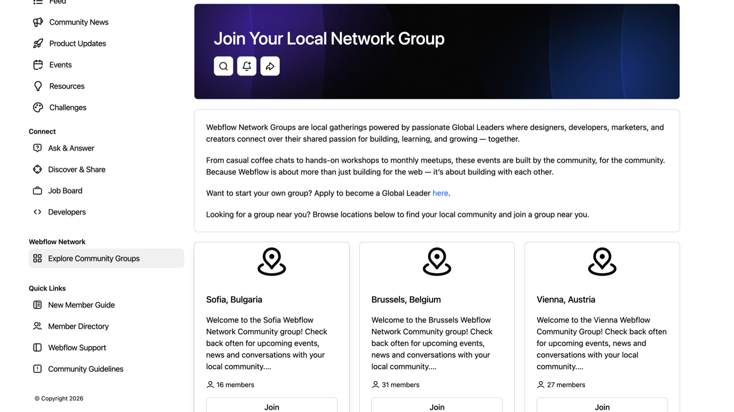 Webflow Network Groups: member-led regional chapters in Sofia, Brussels, and Vienna