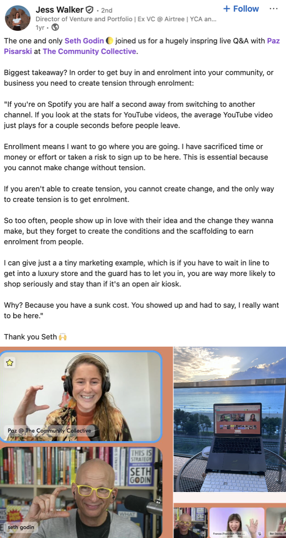 A LinkedIn recap of The Community Collective's live Q&A with Seth Godin and Paz Pisarski