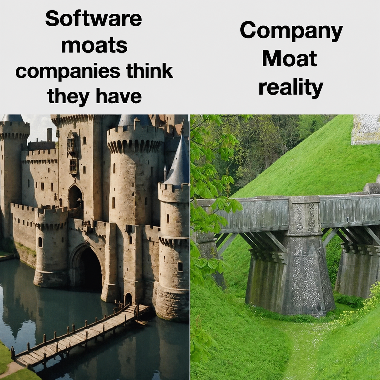 Meme: the software moat companies think they have, a grand castle with a wide moat, beside the company moat in reality, a small wooden footbridge over a grassy ditch