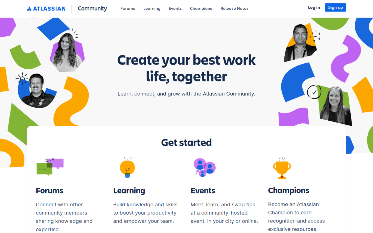 Screenshot of the Atlassian Community home page showing forums, learning, events, and a champions program