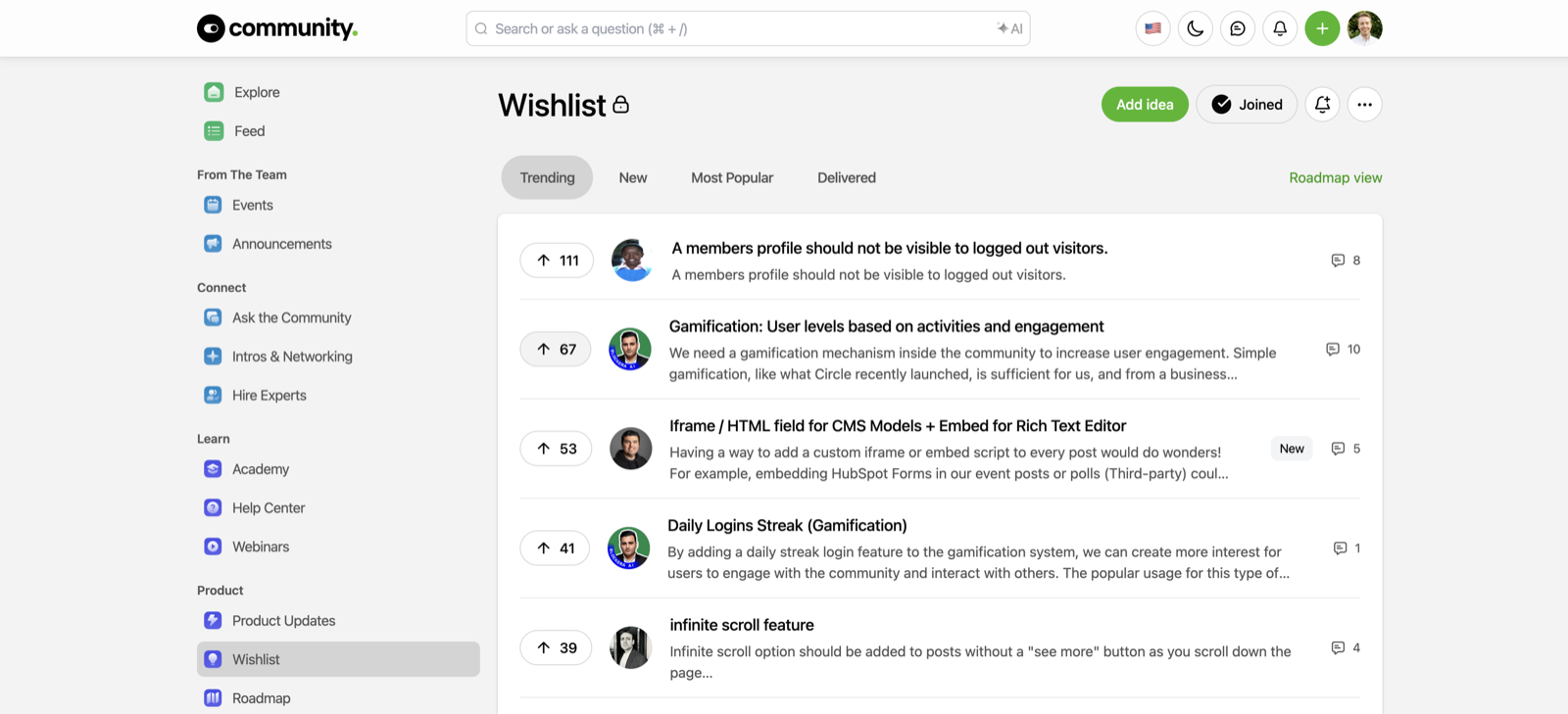 Bettermode's own Wishlist board, with customer-submitted ideas, upvote counts, and Trending, New and Delivered tabs
