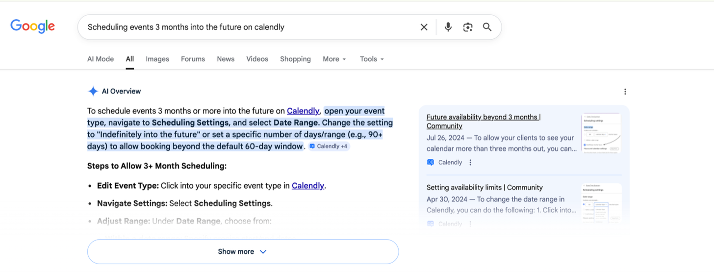 Google AI Overview answering a Calendly how-to question, citing two threads from Calendly's own community as the source
