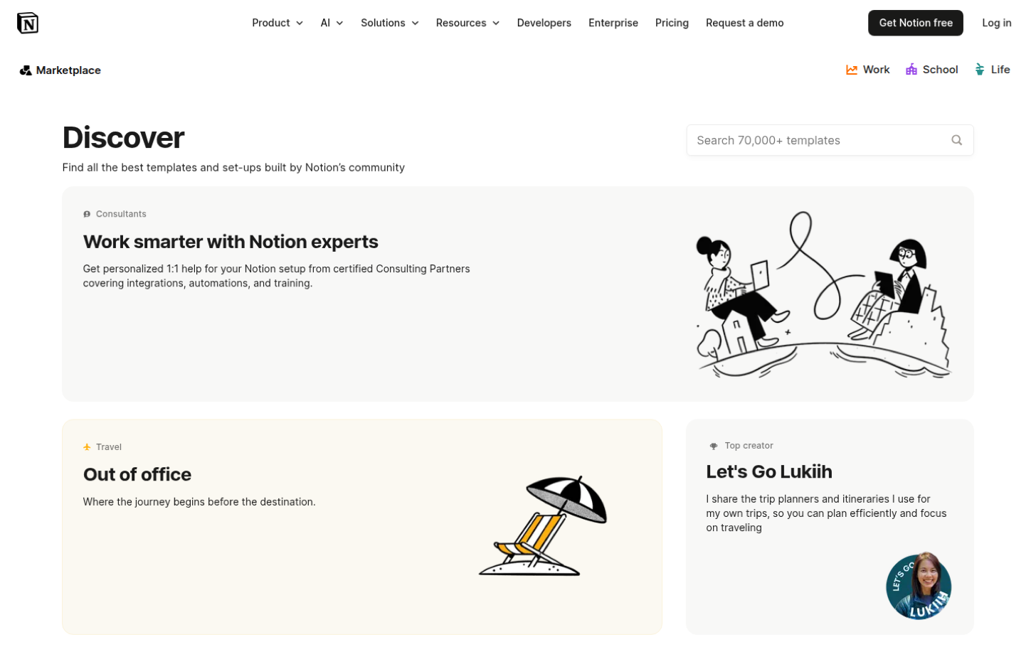 Notion's template marketplace, built by its community of 70,000+ templates and creators