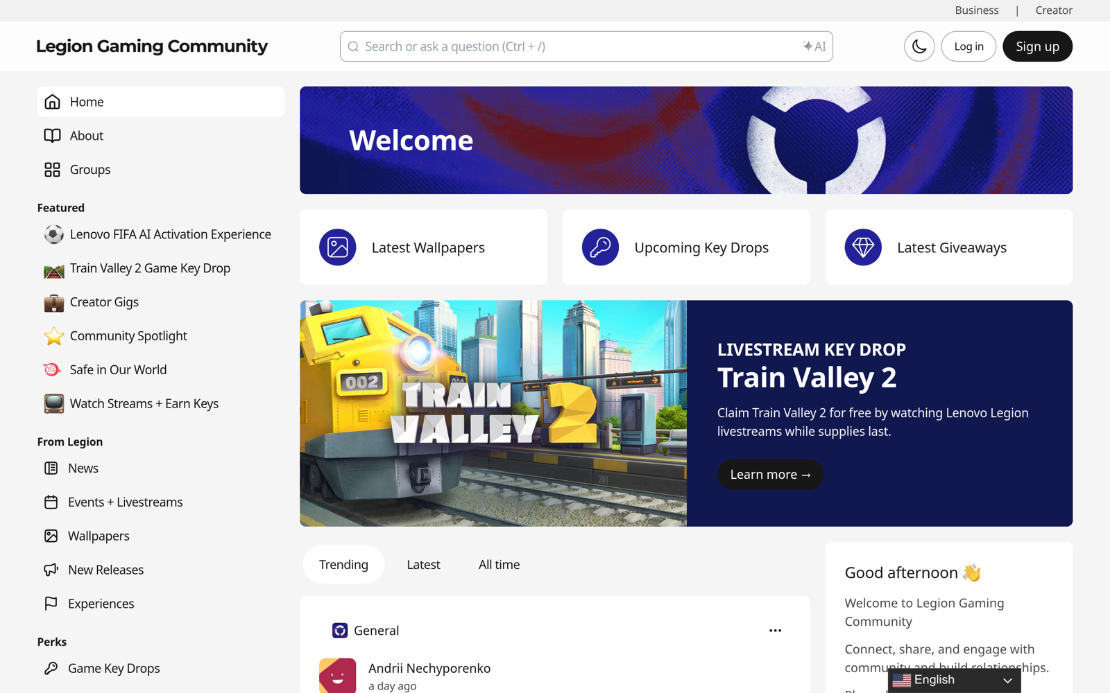 The Lenovo Legion gaming community on Bettermode, with featured spaces, key drops, and livestreams