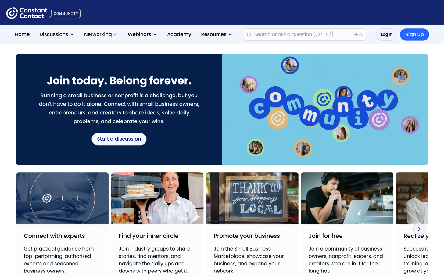 The Constant Contact community home page: discussions, networking, an academy, and a small business marketplace, headlined join today belong forever