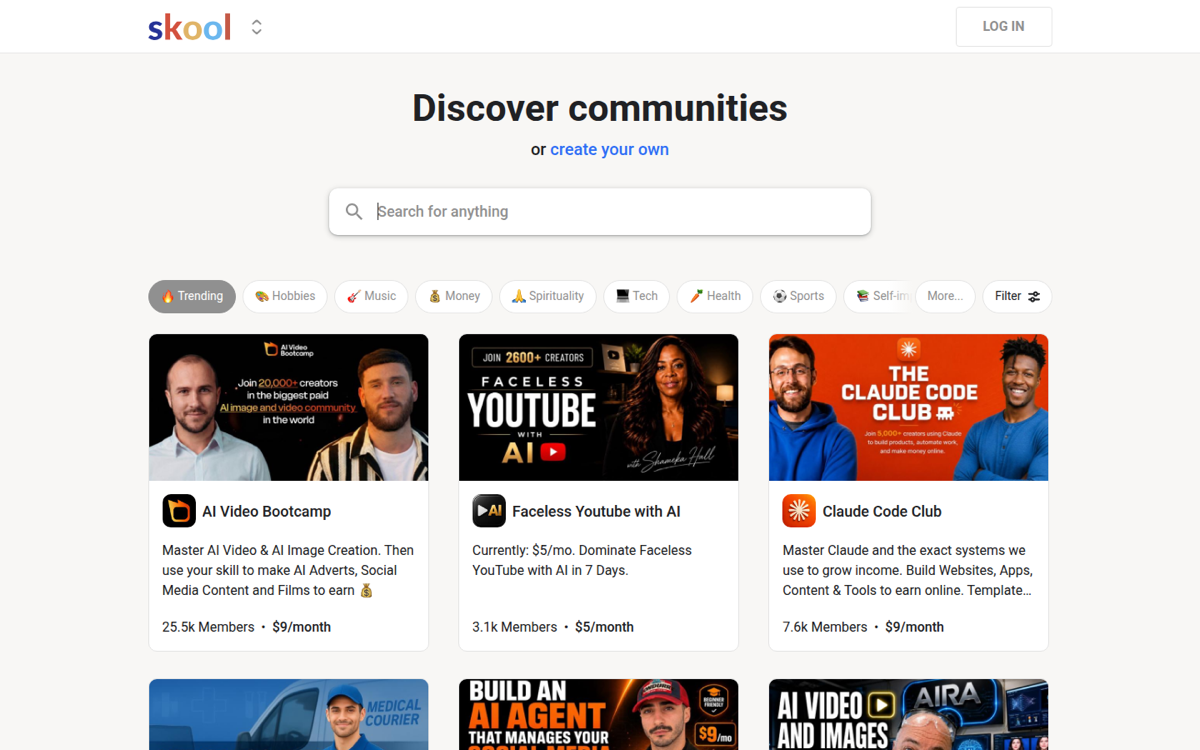 Skool community discovery page showing member counts and monthly pricing per community