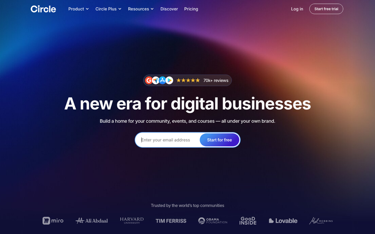 Circle community platform homepage showing its community, events and courses positioning
