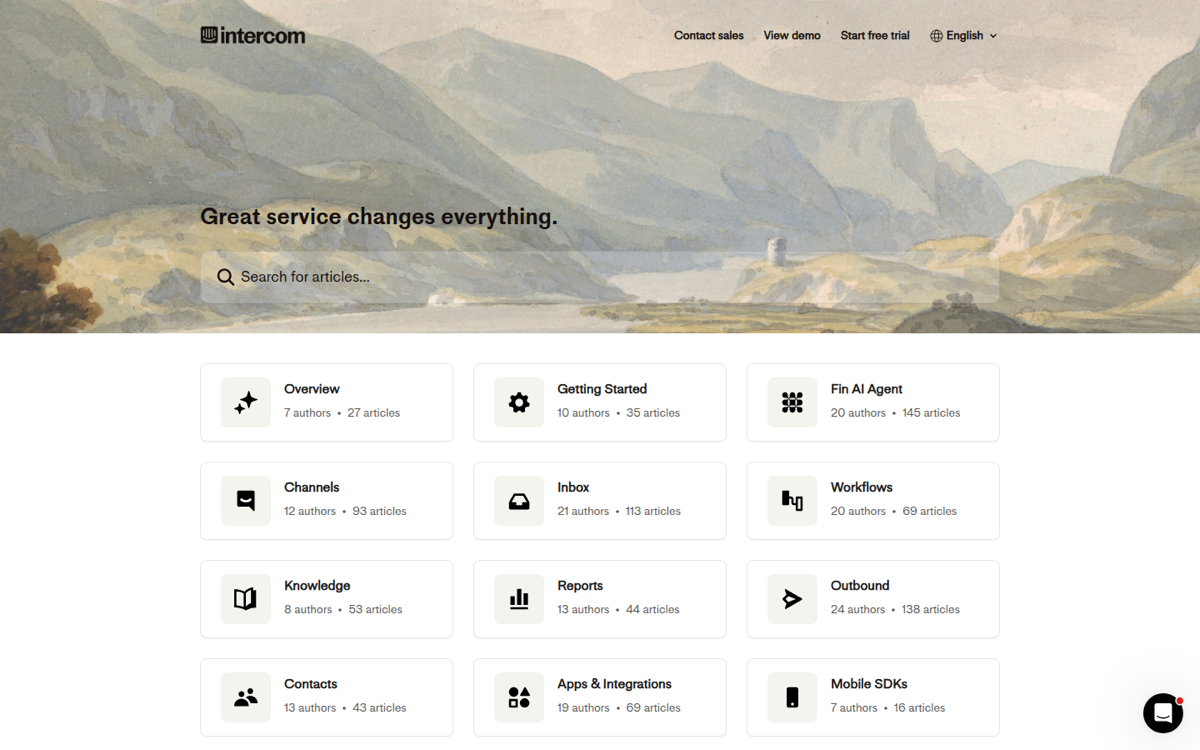 Intercom help center with article categories and author counts