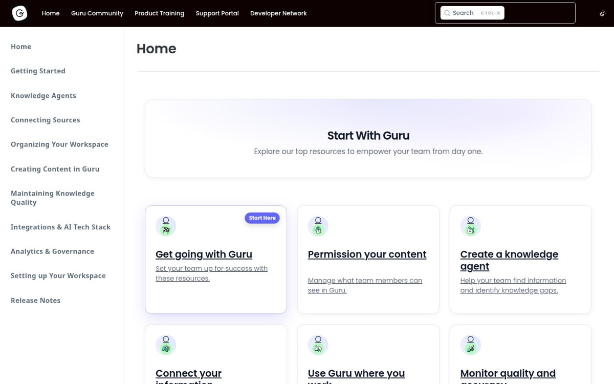 Guru help site with knowledge agents and knowledge quality sections