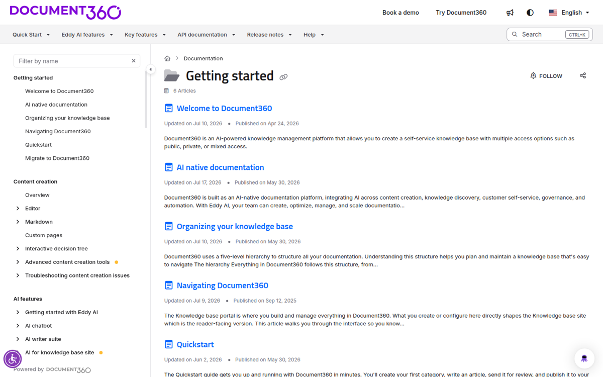 Document360 documentation site with a category sidebar and dated articles