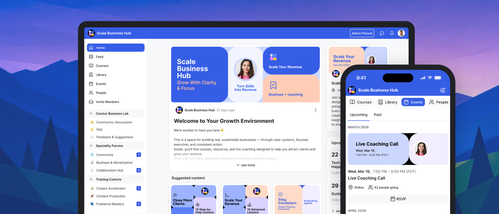 GroupApp community, courses, and events interface on desktop and mobile
