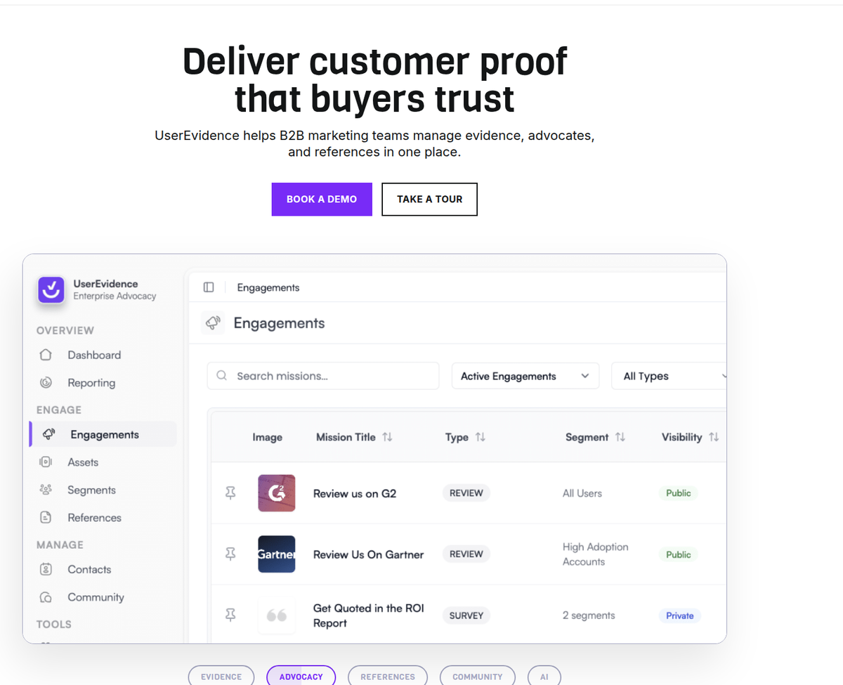 UserEvidence platform showing advocacy engagements like review campaigns