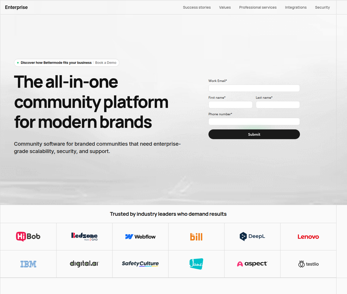 Bettermode community platform page with gamification and enterprise features