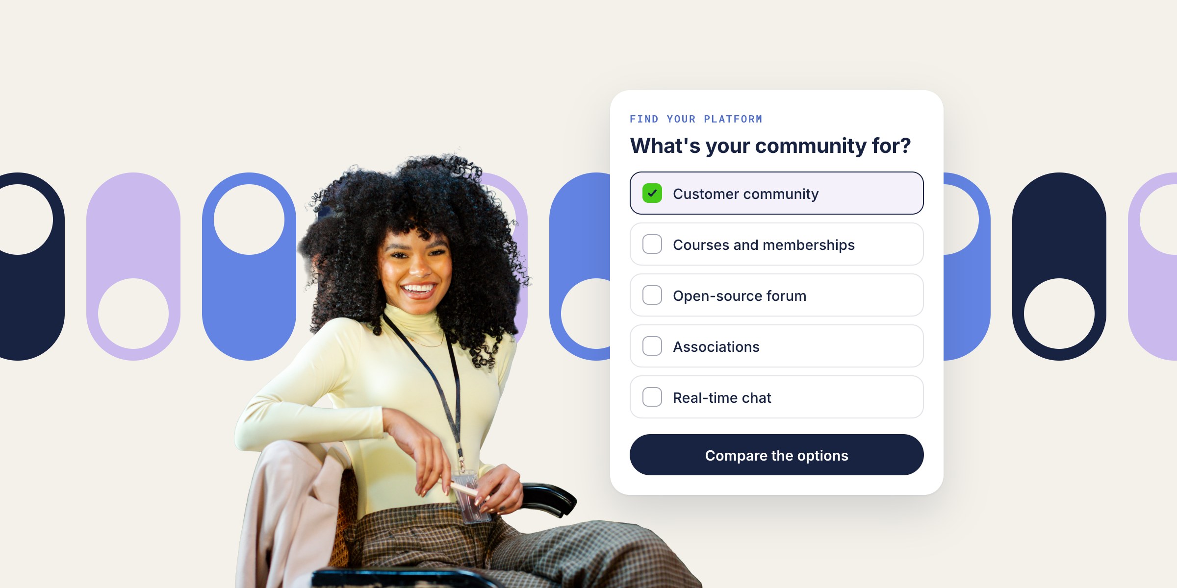 A card asking what your community is for, with customer community ticked, next to a smiling woman