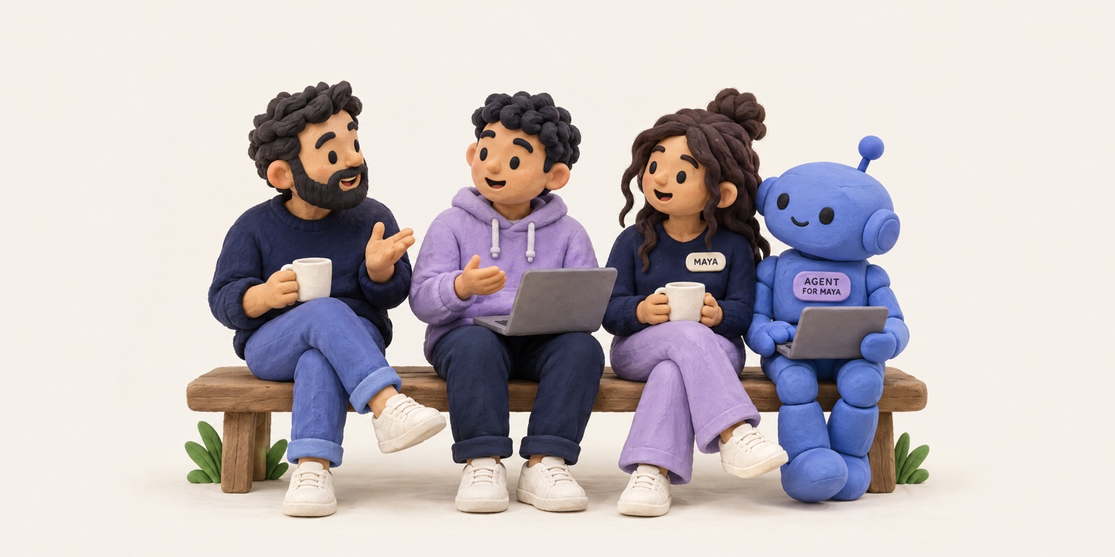 Clay illustration of three people chatting on a bench with a small robot beside them, the woman wearing a Maya badge and the robot wearing an Agent for Maya badge