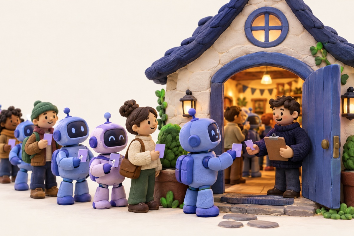 Clay illustration of a long queue of small robots and a few people holding passes outside a community clubhouse, where a host with a clipboard checks the first robot