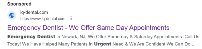 Google ad copy example of IQ Dental