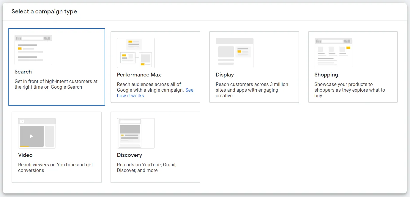 Google Ads selecting campaign type